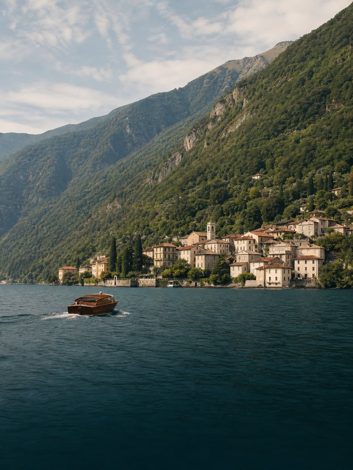 A small wooden boat crosses Lake Como toward a village beneath steep green mountains.